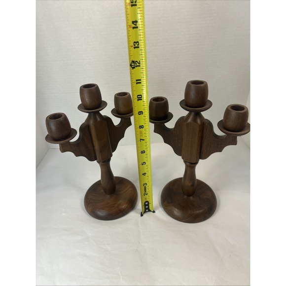 Vintage Wooden Handcrafted Three Candelabra Candle Holder Pair (2) - Picture 9 of 16